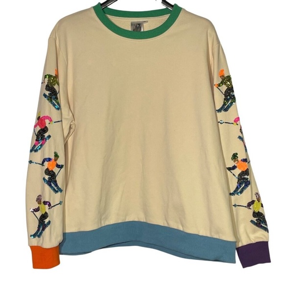 Queen of Sparkles Ski Sequin Sleeve Sweatshirt Large HTF Sold Out Bling - Picture 2 of 11